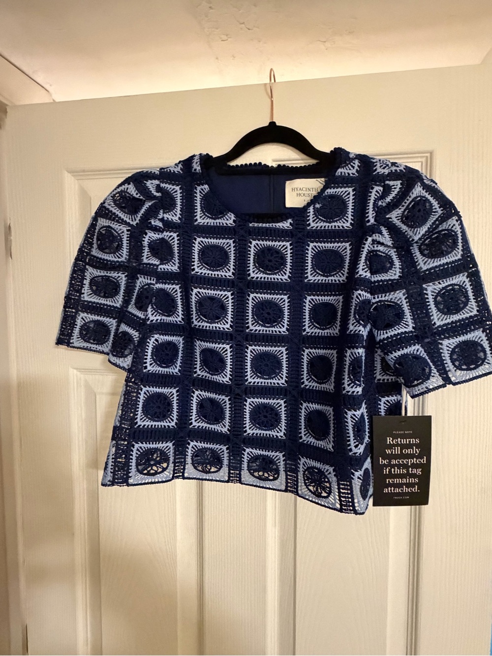 Tuckernuck Navy Crocheted Square-Pattern Short Sleeve Top